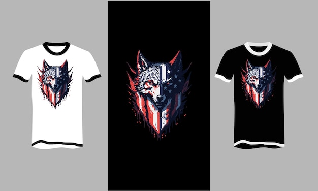 Head wolf with flag american background tshirt design