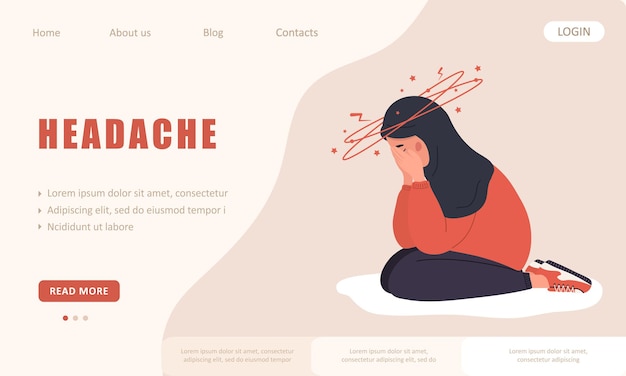 Headache concept Landing page template Sad arabic woman with vertigo