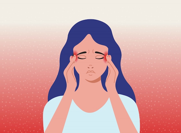 Headache. The woman having headache, migraine. Cartoon  illustration.