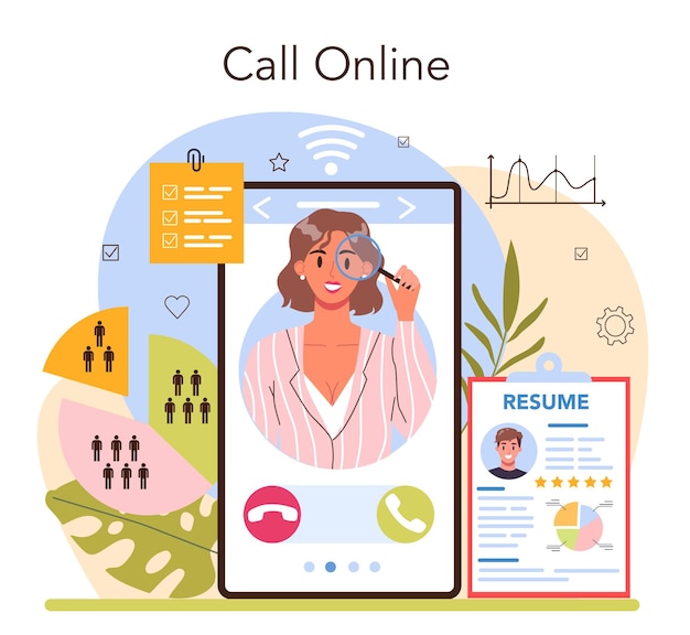 Vector headhunting online service or platform. idea of business recruitment and human resources management. interviewing a job candidate. online call. flat vector illustration