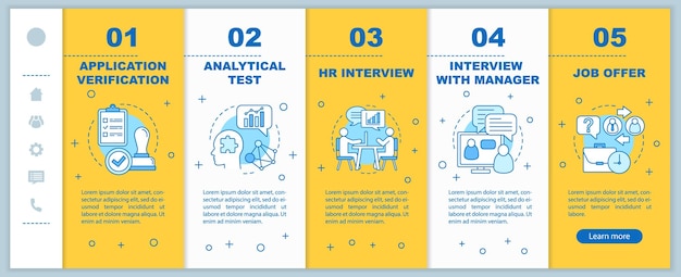 Headhunting process onboarding mobile web pages vector template Getting job Recruitment Responsive smartphone website interface with linear icons Webpage walkthrough step screens Color concept