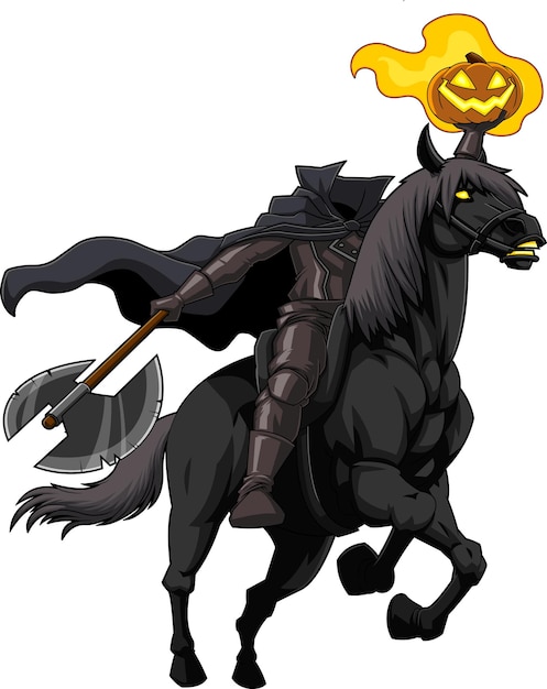 Headless Horseman Cartoon Character Running Axe And Jack's Lantern Pumpkin Head