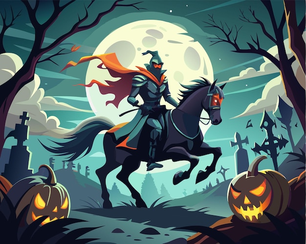 A headless horseman riding a Halloween and dark horse through a foggy night vector illustration