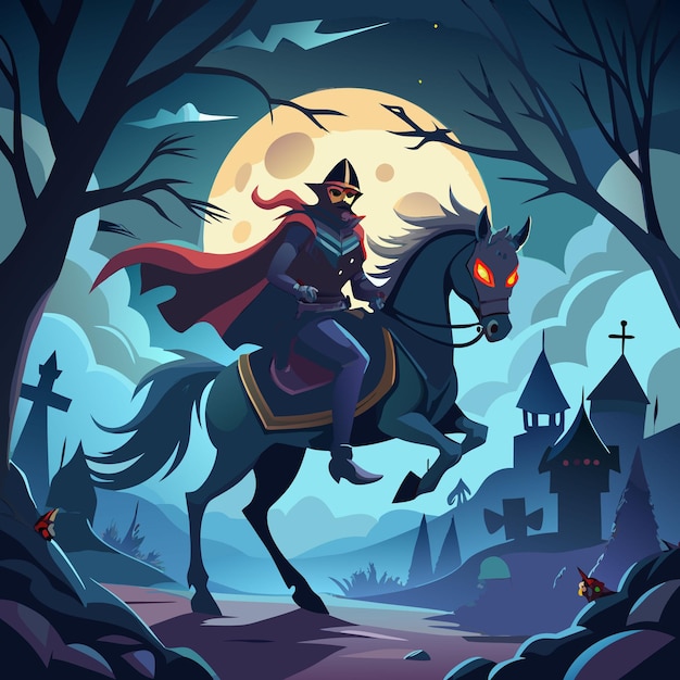 A headless horseman riding a Halloween and dark horse through a foggy night vector illustration