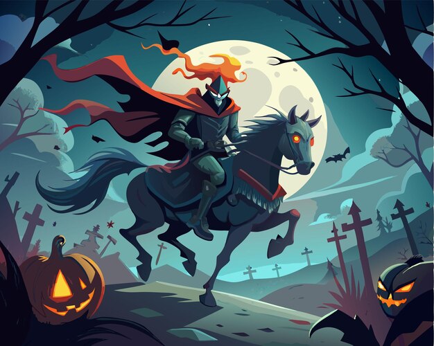 A headless horseman riding a Halloween and dark horse through a foggy night vector illustration