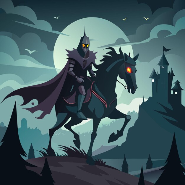 Vector a headless horseman riding a halloween and dark horse through a foggy night vector illustration