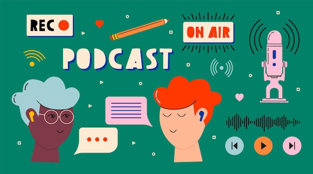 Headphones, microphone, two guys, speech bubbles icons Podcast recording and listening, broadcasting