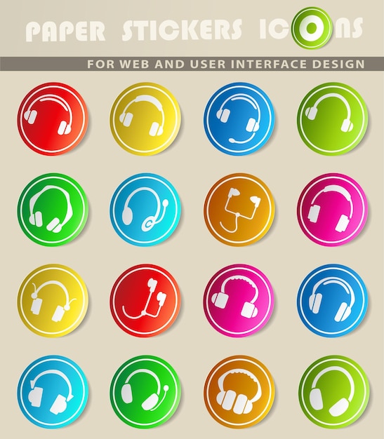 Headphones vector icons on colored paper stickers