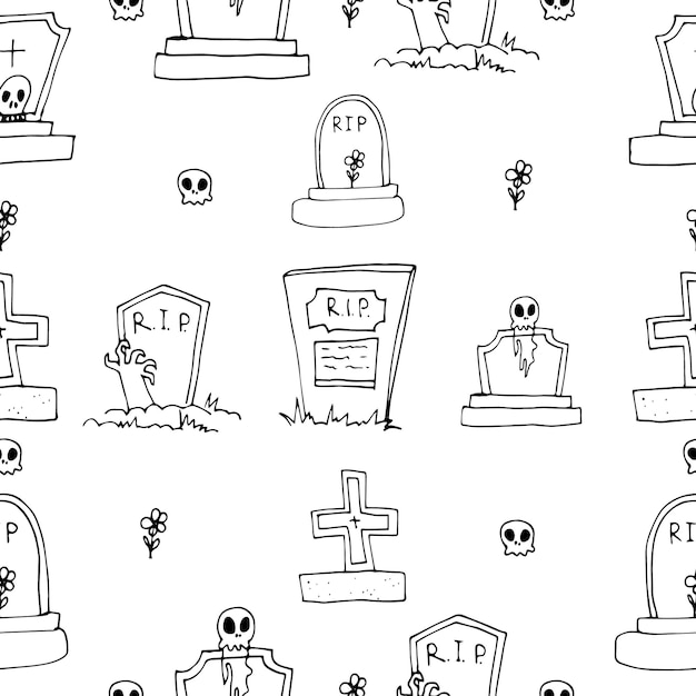 Headstones seamless pattern Hand drawn grave