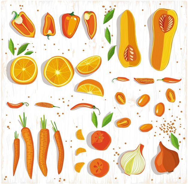 Healhy food concept. Fruits and vegetables pattern on the wood background, top view.