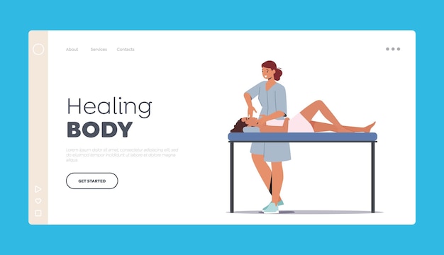 Healing Body Landing Page Template Osteopathic Treatment Concept Woman Lying On Couch In Doctor Osteopath Office