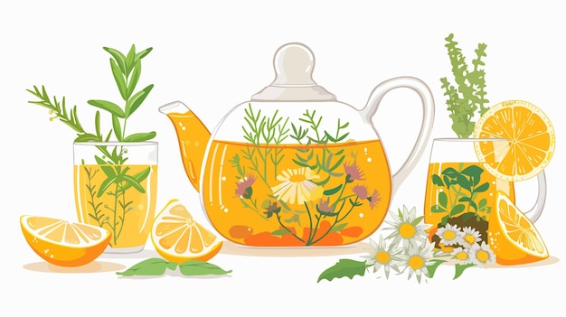 Vector healing herbal tea in glass teapot with herbs