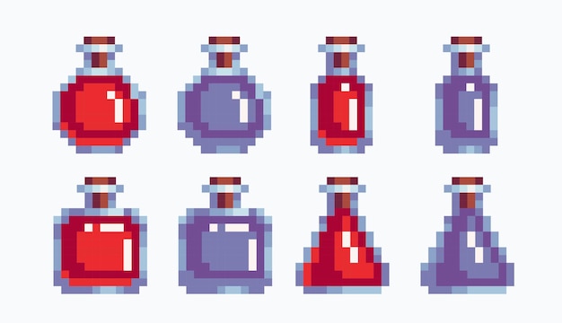 Healing potions pixel art set Empty and full glass bottles collection Alchemy flask 8bit sprite