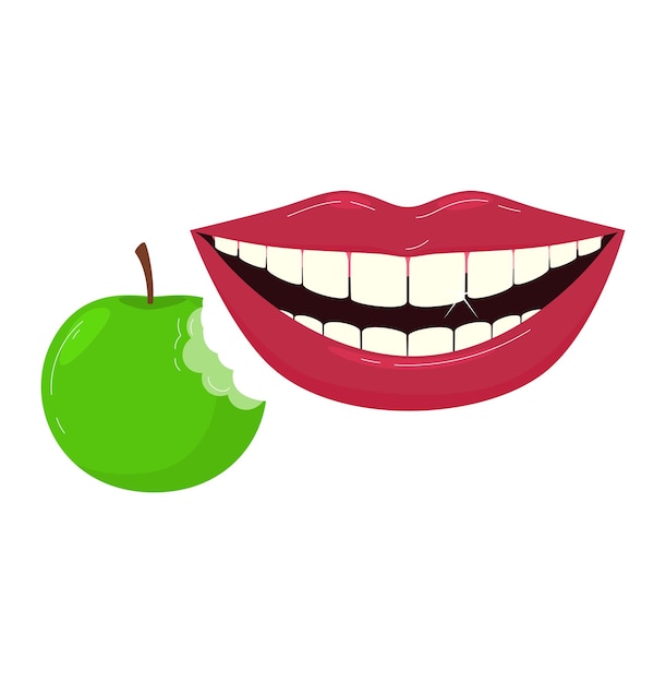 Health care about smile healthy tooth near apple vector illustration Medical dentistry mouth hygiene concept isolated on white