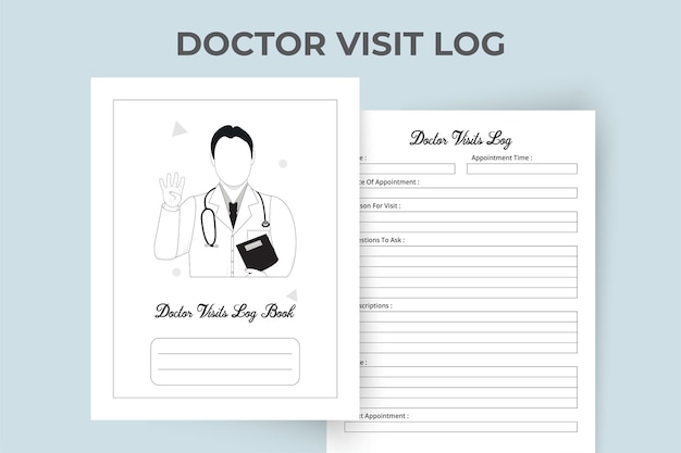 Health Care Log Book and medical Tracker. Doctor visiting logbook KDP interior. Male doctor line art with stethoscope vector. Medical notebook. KDP interior medical logbook. Medical Visit Log Book.