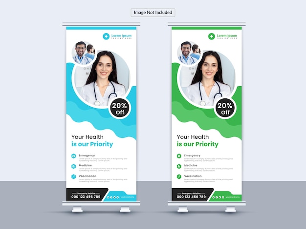 Health care medical roll up banner design vector premium template