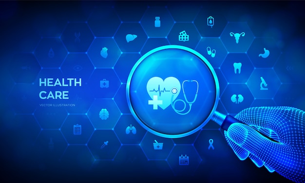 Health care and medical services concept with magnifying glass in wireframe hand and icons.