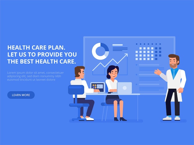 Health care plan. Professional medical team in board room meeting at the office. Modern flat  illustration for web design, marketing and print material.