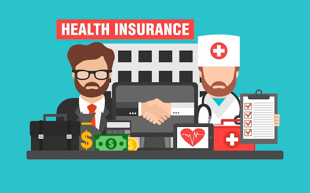 Health insurance concept design flat Hospital doctor and insurance managerVector illustration