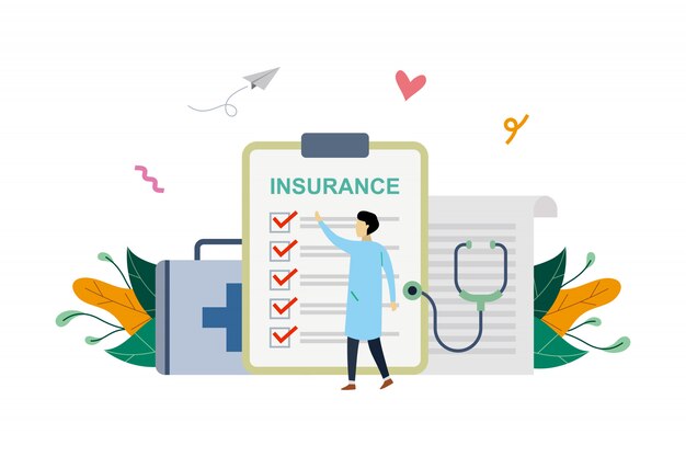 Vector health insurance illustration, tiny doctor filling medical document in flat style