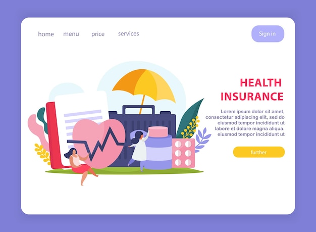 Health insurance page design with price and services symbols flat vetor