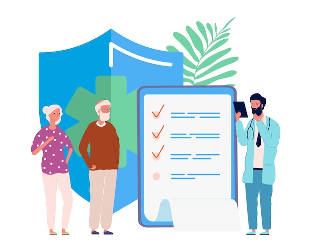 Health insurance for seniors. Medical service, elderly people exam in hospital. Doctor for old person vector illustration. Medical insurance senior people, health care buisness