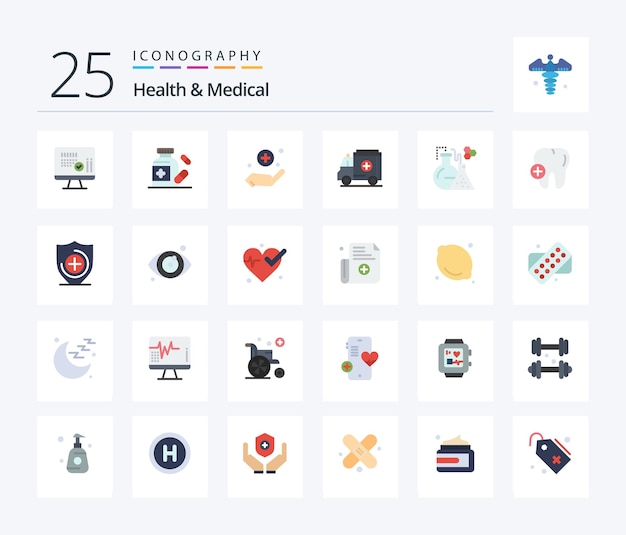 Health And Medical 25 Flat Color icon pack including hospital test medical lab medicine