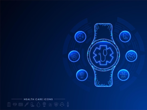 Health Monitoring Concept with Smart Watch Health Icons Neon Lighting and Block Chain Elements Medical and Technology Concept