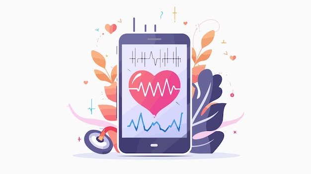 Vector health sport app on mobile phone screen with heartbeat monitoring feature