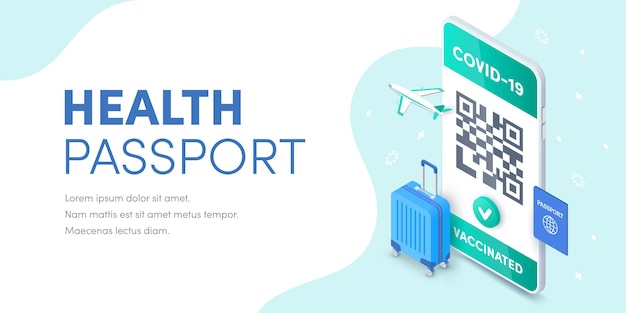 Vector health vaccination passport qr code on smartphone screen vector isometric banner. 3d electronic covid-19 vaccinated immune certificate for safe tourism on mobile phone concept. coronavirus pass app.