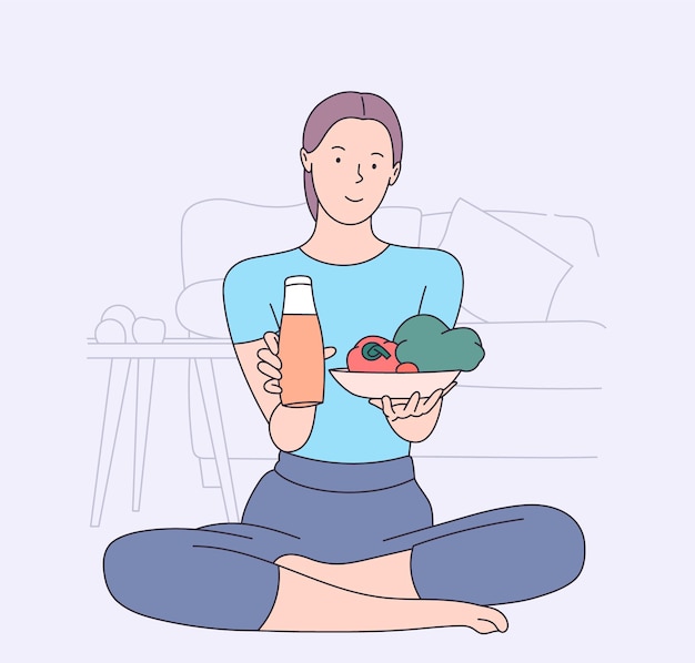 Health, vegan, food, cooking concept. Young Woman cartoon character.