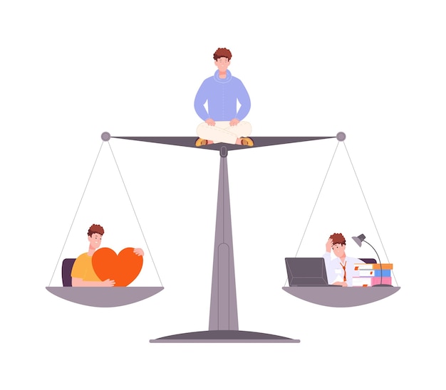 Health work conflict Balance scale healthy life and business sweating working stress comparison leisure family relationship equal financial money splendid vector illustration