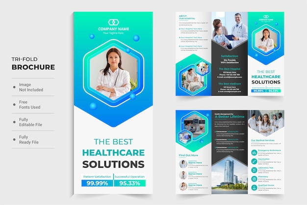 Healthcare center promotional tri fold brochure vector for digital marketing Modern hospital advertisement poster layout design with hexagon shapes Medical tri fold brochure vector for marketing