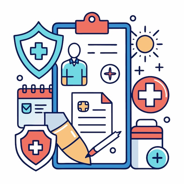 Healthcare clipboard with medical icons and symbols