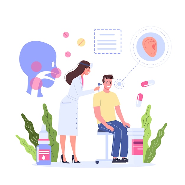 Healthcare concept, idea of doctor caring about patient health. Male patient on a consultation with otorhinolaryngologist. Medical treatment and recovery.  illustration 