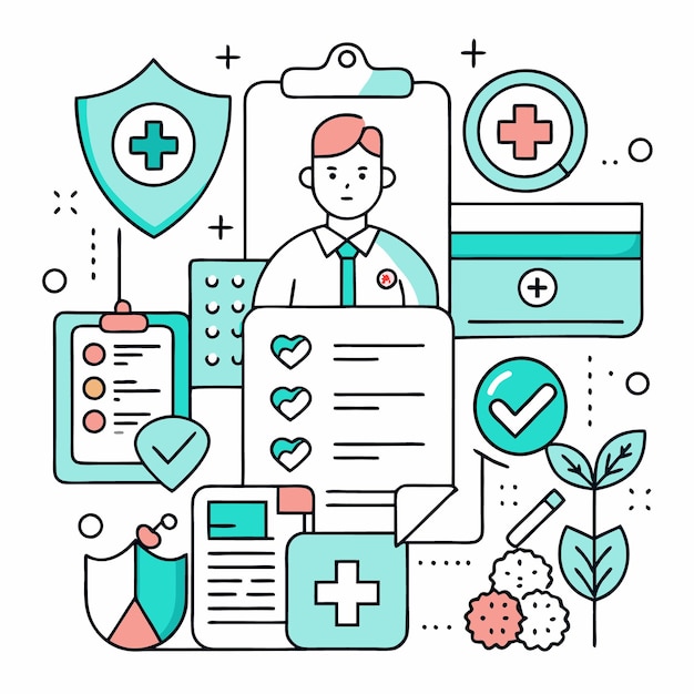 Healthcare Concept with Man Clipboard Shield Checklist and Heart