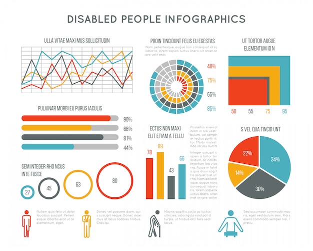 Vector healthcare and disability vector infographic with disabled person icons, charts and diagrams. medica