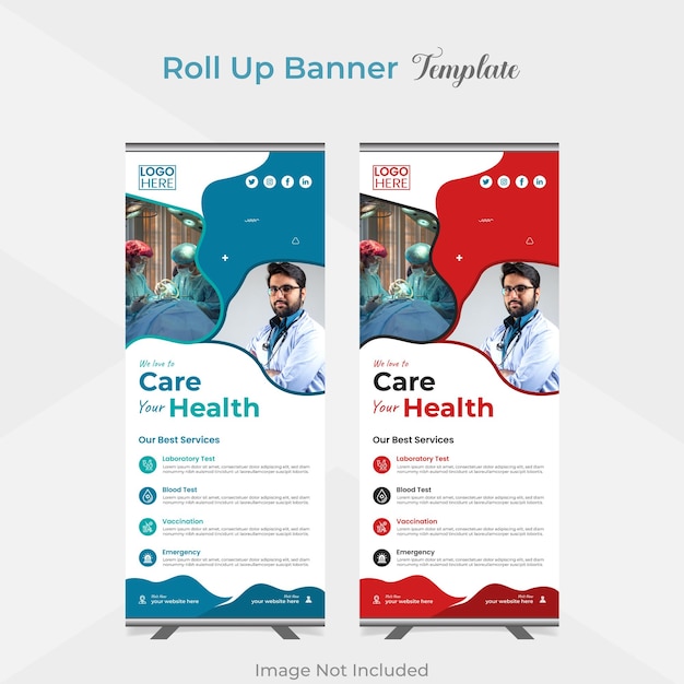 Healthcare and medical care roll up stand banner template design