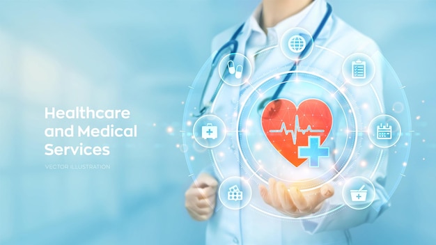 Healthcare Medical services Doctor holding in hand red heart shape and medical icon network connection on virtual screen Health care Medicine technology network concept Vector illustration