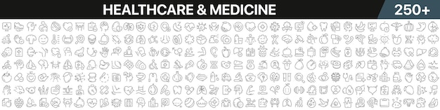 Healthcare and medicine linear icons collection Big set of more 250 thin line icons in black Healthcare and medicine black icons Vector illustration