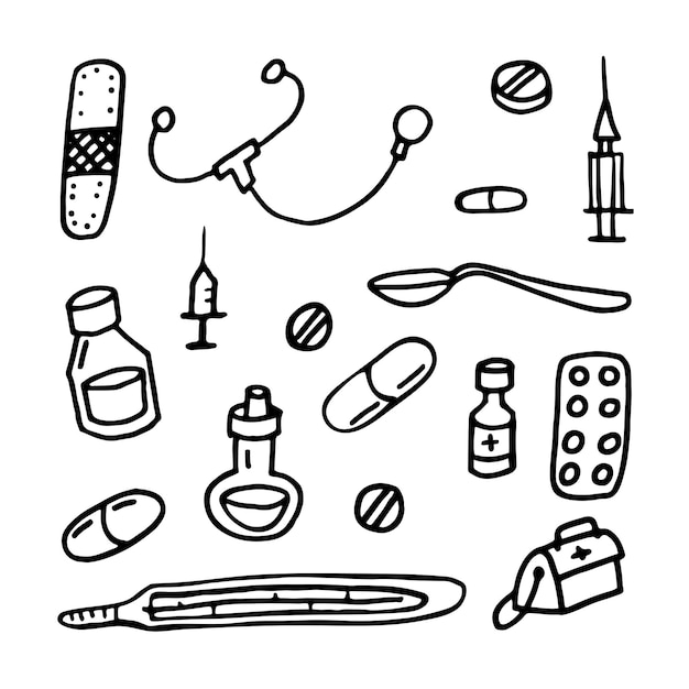 Healthcare and Medicine Vector illustration. Hand Drawn Doodle Drugs and Medical Products and Devices Background