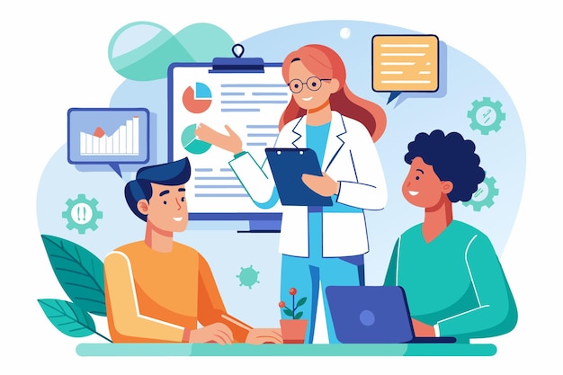 Vector a healthcare professional engages in a presentation sharing important research insights with colleagues in a bright modern workspace filled with charts and plants