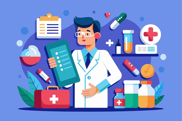 A healthcare professional evaluates a medicine dosage alongside various pharmacy items promoting health awareness Medicine dosage from doctor with pharmacy set icon