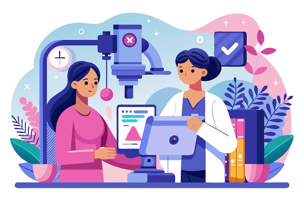 A healthcare professional guides a patient through a mammography exam in a vibrant clinical environment Customizable cartoon illustration of mammography