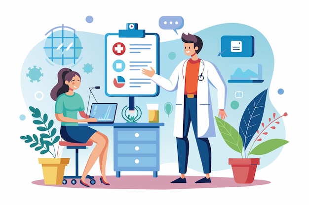 Vector a healthcare professional provides advice to a patient using a laptop in a bright clinic charts and health icons decorate the background creating a friendly atmosphere