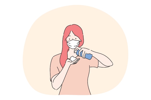 Healthcare, quarantine, protection, coronavirus concept. Young woman with medical face mask pouring antiseptic on hands. Preventive measures from covid19 disease and 2019ncov infection illustration.