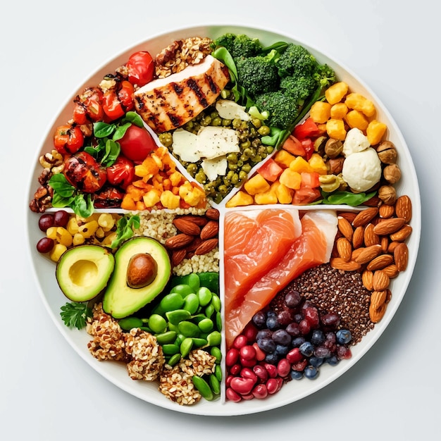 Healthy Balanced Diet Plate Featuring Fresh Organic Vegetables Fruits Protein Grains Nuts and See