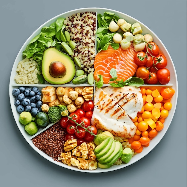 Healthy Balanced Diet Plate with Avocado Slices Quinoa Spinach Leaves Salmon Fillet Cherry Tomato