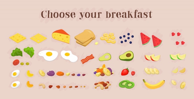 Healthy breakfast food icons collection. fruits and berries, nut