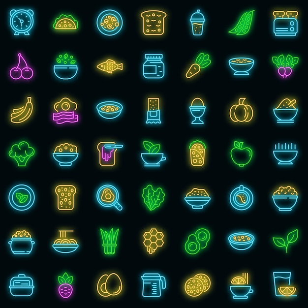 Healthy breakfast icons set vector neon